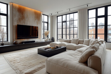 Fototapeta premium Contemporary room with large sectional sofa, lcd tv panel, neutral tones, and modern decor accents. Minimalist home interior design of modern living room.