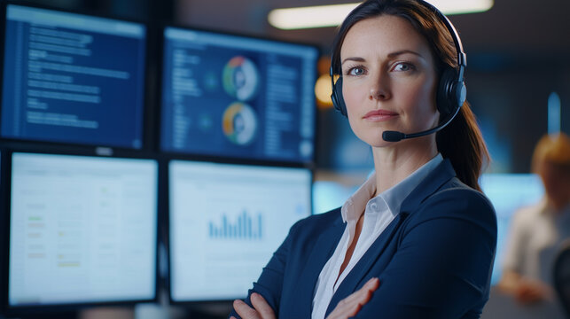 Confident Woman in Headset in Busy Call Center Environment