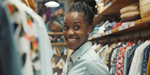 Fototapeta premium Contemporary clothing shopping experience featuring a young woman enjoying retail fashion with a focus on style and a happy shopping moment