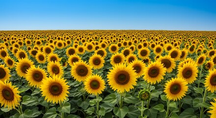 Fototapeta premium Vibrant Sunflower Field Under a Clear Blue Sky on a Sunny Day