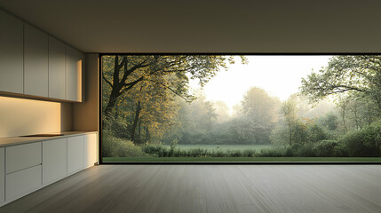Fototapeta premium Modern kitchen, autumn forest view, sunrise, peaceful morning