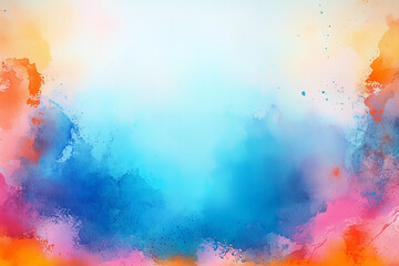 blue watercolor paint background design with colorful orange pink borders and bright center.