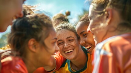 Cheerful female athlete and teammates convene on the field for guidance during a soccer match, showcasing teamwork in training and support