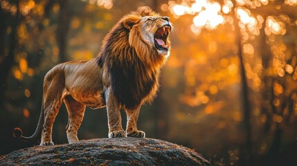Roaring Lion Sunset African Savanna Wildlife