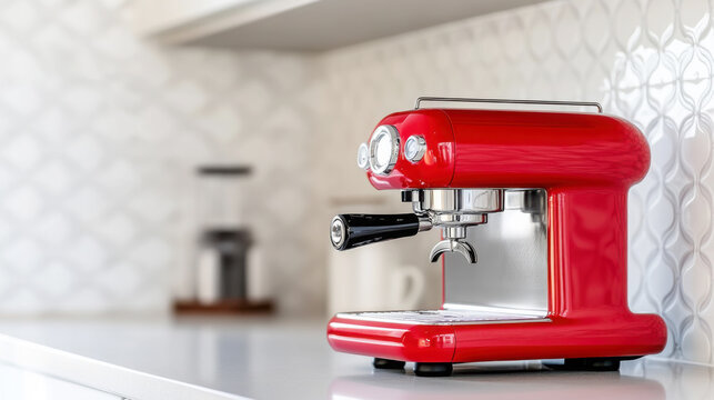 Vibrant red coffee machine on modern kitchen countertop