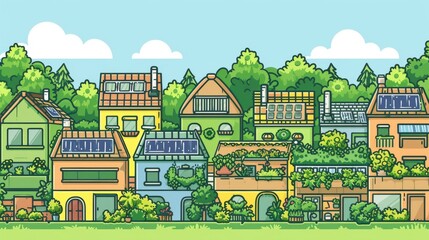 Naklejka premium A colorful illustration of suburban houses featuring solar panels, lush green surroundings, and vibrant skies, emphasizing sustainable and eco-conscious living. AI generated.
