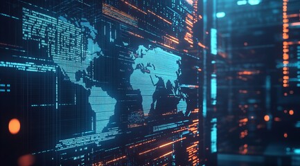 Global network data streams flow across server room