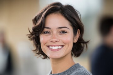 portrait of a smiling young woman with short hair