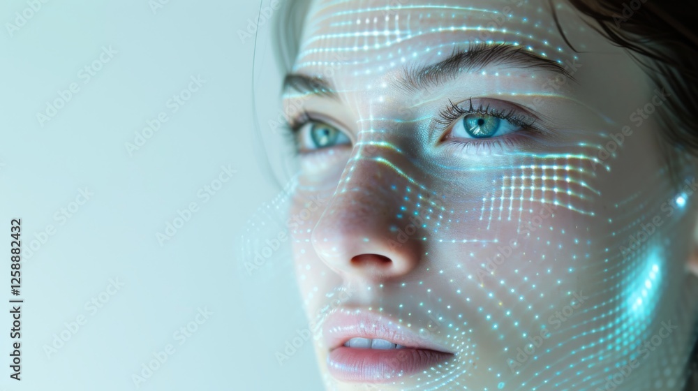 Poster a close-up of a futuristic face illuminated by a glowing digital grid pattern, symbolizing technolog