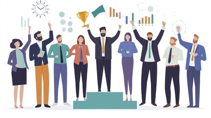 Successful Business Team Celebrating Victory Trophy Charts Background