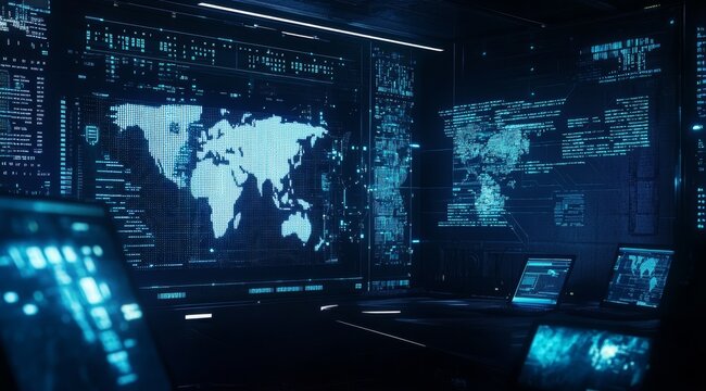 Global cybersecurity monitoring center digital threat analysis