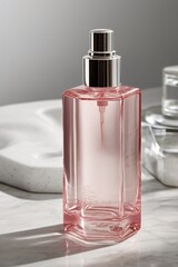 Naklejka premium bottle of perfume in pink, fragrance content, glass object for cosmetics and perfume content, neutral background