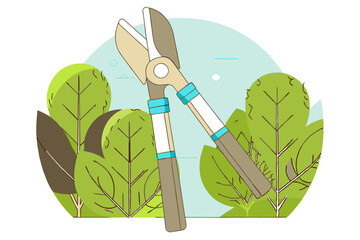 Illustration of gardening pruning shears with green leaves in the background