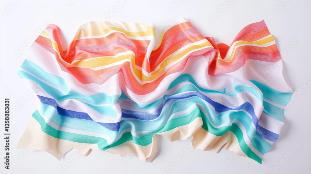 Poster a dynamic representation of flowing fabric with vibrant rainbow-striped patterns, blending movement 