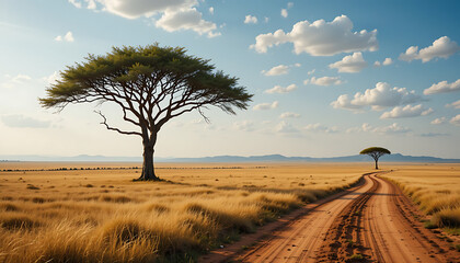 Naklejka premium Scenic Dirt Road & Acacia Trees Under Blue Sky