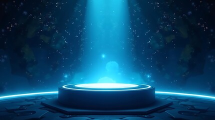 Futuristic pedestal, glowing blue light, cosmic background