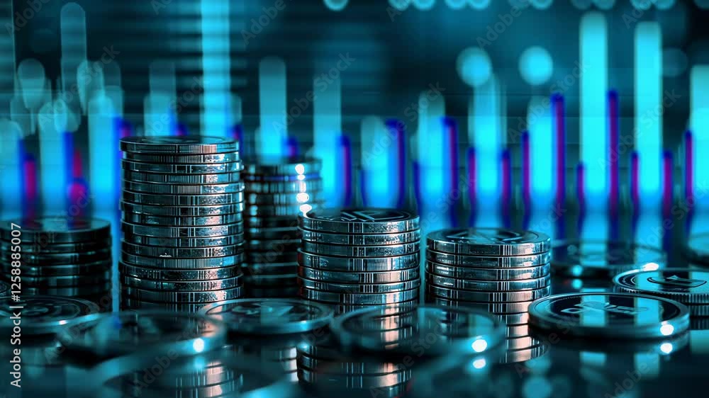 Aufkleber digital financial data visualization with stacked coins and abstract graphs in blue tones indicating