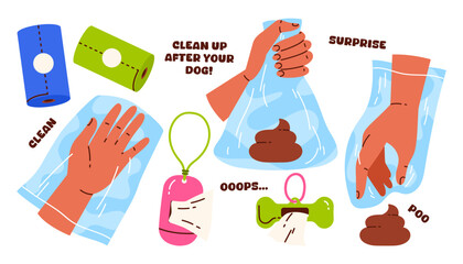 Clean up after your dog concept. Pet poop bags for waste and cleaning up after animals. Flat vector illustration in cartoon style. Isolated white background
