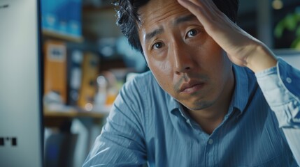 Obraz premium Exhausted man at his computer experiencing burnout, headaches, and anxiety related to work stress and mental health challenges