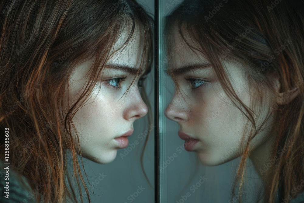 Poster close up of person face reflecting in mirror, showcasing contemplative expression and soft lighting.
