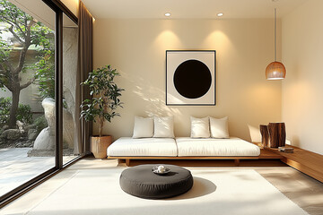 Minimalist, japandi interior design of modern living room.