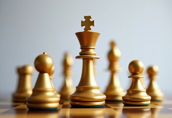 CloseUp of Intricate Golden Chess Pieces on Blurred White Background  Perfect Isolation. A golden chess piece stands out from the rest of the chessboard.