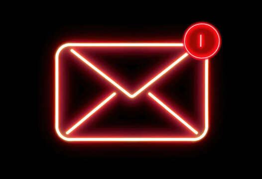 &Iacute;cono de sobre de ne&oacute;n vibrante que brilla sobre un fondo oscuro, con una insignia de notificaci&oacute;n roja que indica un mensaje nuevo

