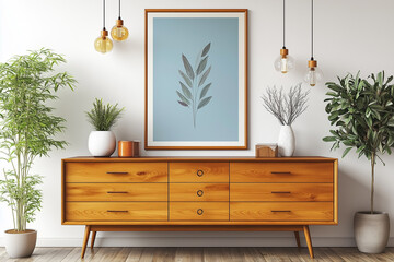 Interior with wooden dresser and poster.