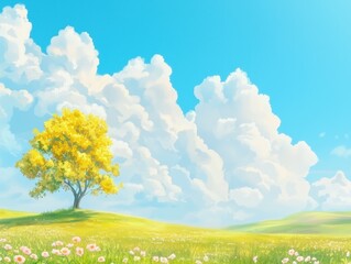 Naklejka premium Serene nature scene with a yellow tree and cloudy sky vibrant landscape peaceful environment scenic view
