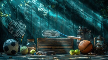 Rustic shed, sunlit, sports equipment still life