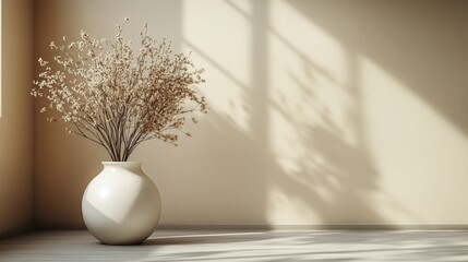Decorative vase with dried flowers in minimalistic interior space during afternoon light