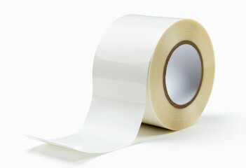 Isolated on White Background: Cylindrical Adhesive Tape with Glossy Finish. A roll of white tape on a white background.