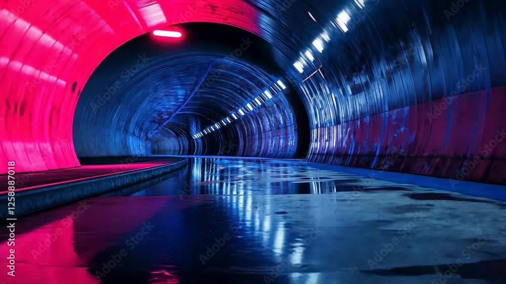 Poster vibrant illuminated tunnel with reflections and dynamic colorful lighting creating a futuristic atmo
