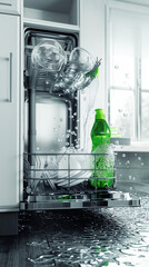 Green bottle of dishwashing liquid next to dishwasher