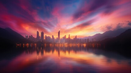 Naklejka premium Stunning sunset over urban skyline city waterfront landscape calm atmosphere wide angle view nature beauty