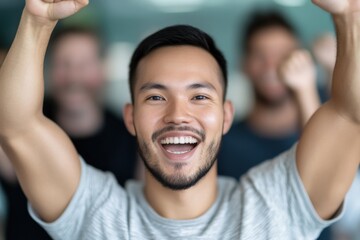 man celebrating victory with friends