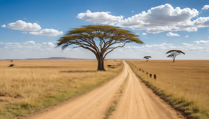 Fototapeta premium Scenic Dirt Road & Acacia Trees Under Blue Sky