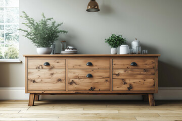 Interior with wooden sideboard.