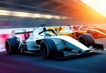 Fototapeta premium Formula 1 Grand Prix racing cars on track with blurred neon background, two cars in racing battle