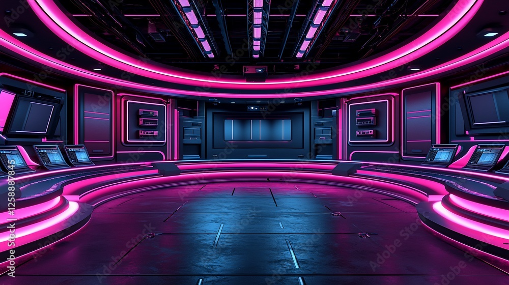 Poster Futuristic Control Room Neon lights illuminate a circular command center with a large screen; ideal for sci-fi films