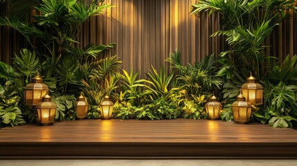 Serene Tropical Garden with Illuminated Moroccan Lanterns on Wooden Deck