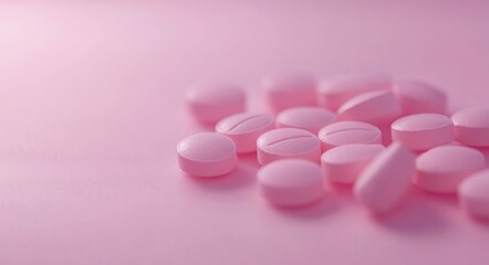 Close Up Of Pink Pills On Pastel Pink Background