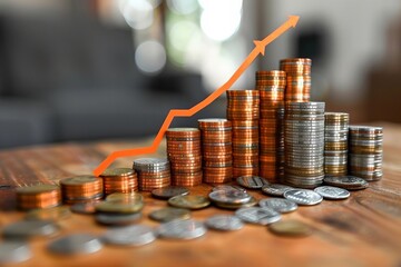 Managing Mortgage Loans: Graph Chart, Coins, and House Model Symbolizing Financial Strategy in a Changing Market Environment.