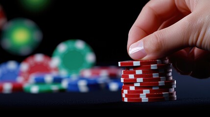 Naklejka premium Stacking casino chips exciting gambling action blackjack table photography dark environment close-up view game strategy