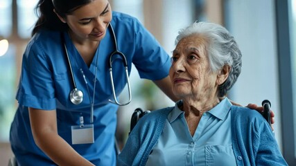 Compassionate Nurse Assisting Elderly Female Patient in Wheelchair with Gentle Care in a Bright Healthcare Environment