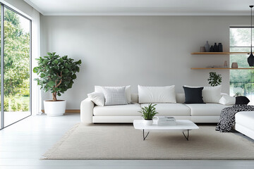 Fototapeta premium Interior of living room with white sofaand coffee table panorama .