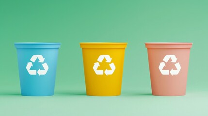 Recycling awareness campaign with colorful bins urban setting digital content minimalist design eye-level view eco-friendly concept