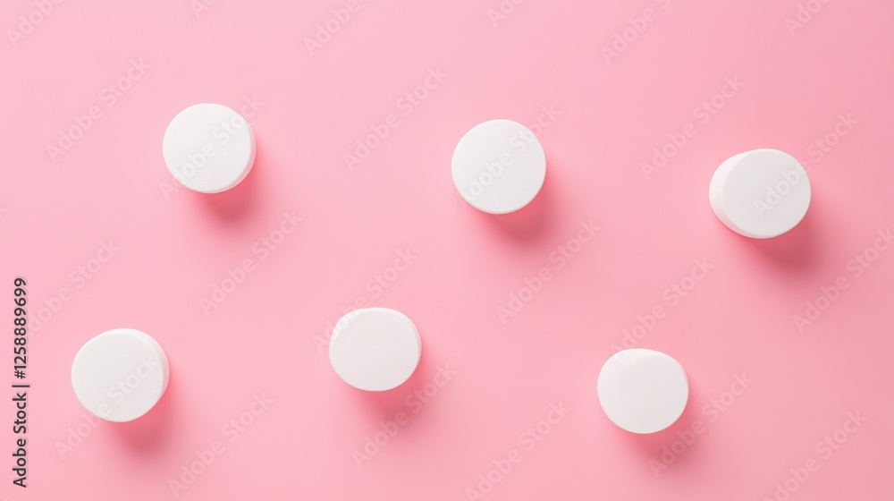 Poster white round objects arranged on pink background
