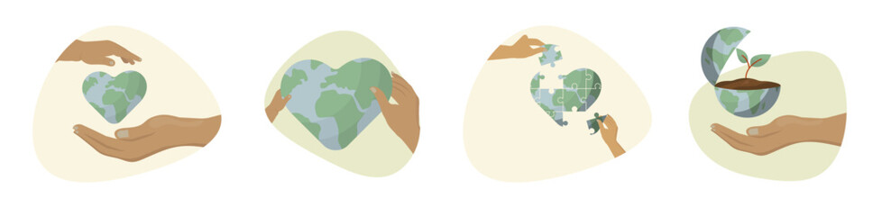 Environmental Care Earth Icons Vector Collection. Set of four minimalist circular icons featuring hands interacting with heart-shaped Earth, including protection, puzzle, and growth concepts. Vector