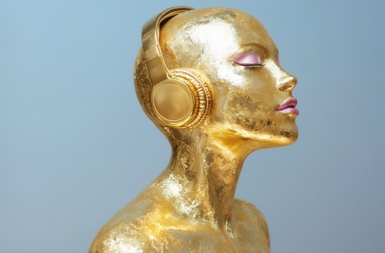 A futuristic golden female figure wearing gold headphones, symbolizing luxury, technology, and artistic expression with a sleek and modern aesthetic.